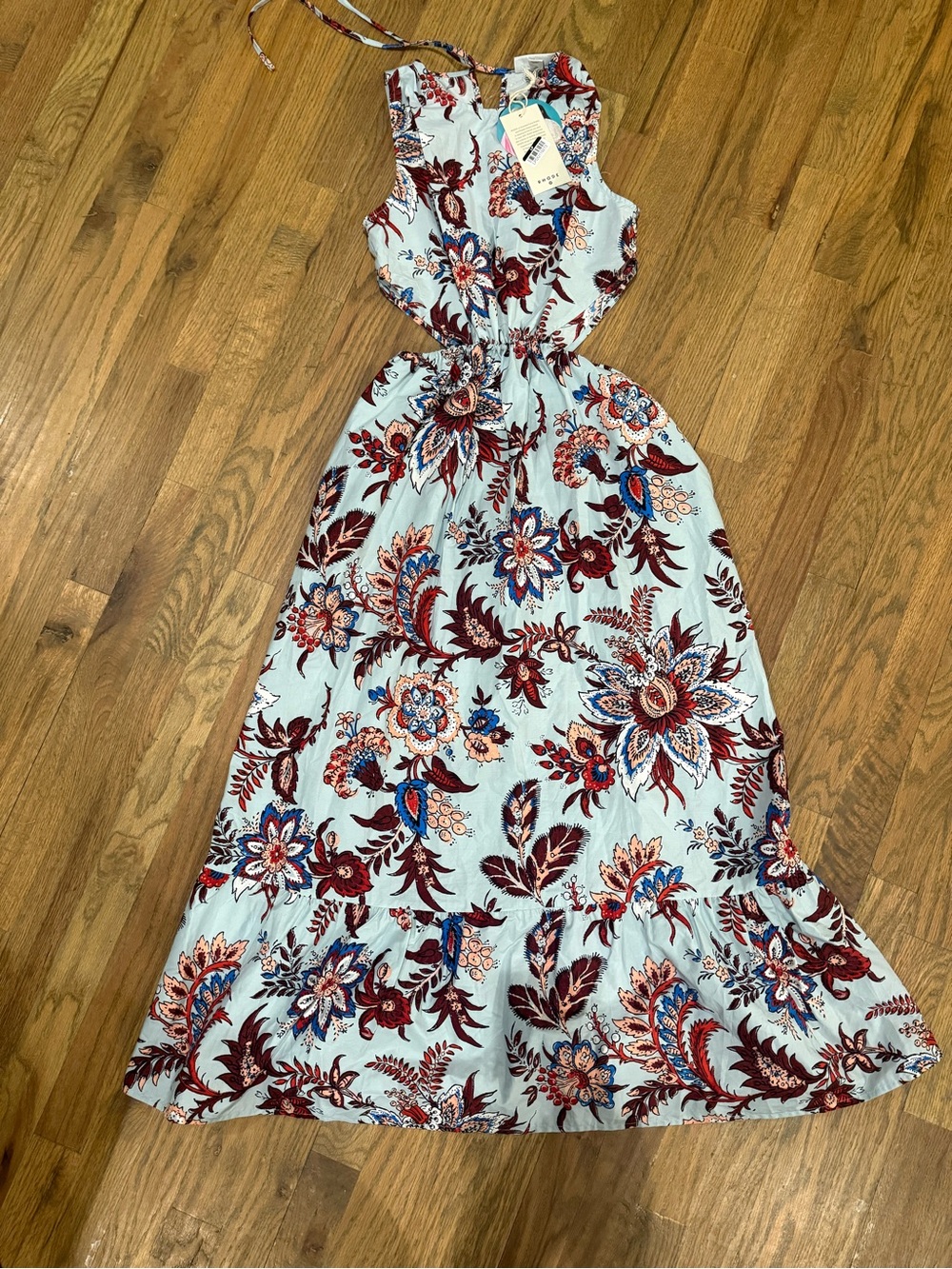 RHODE Light Blue Floral Cutout Maxi Dress with Burgundy & Navy Accents